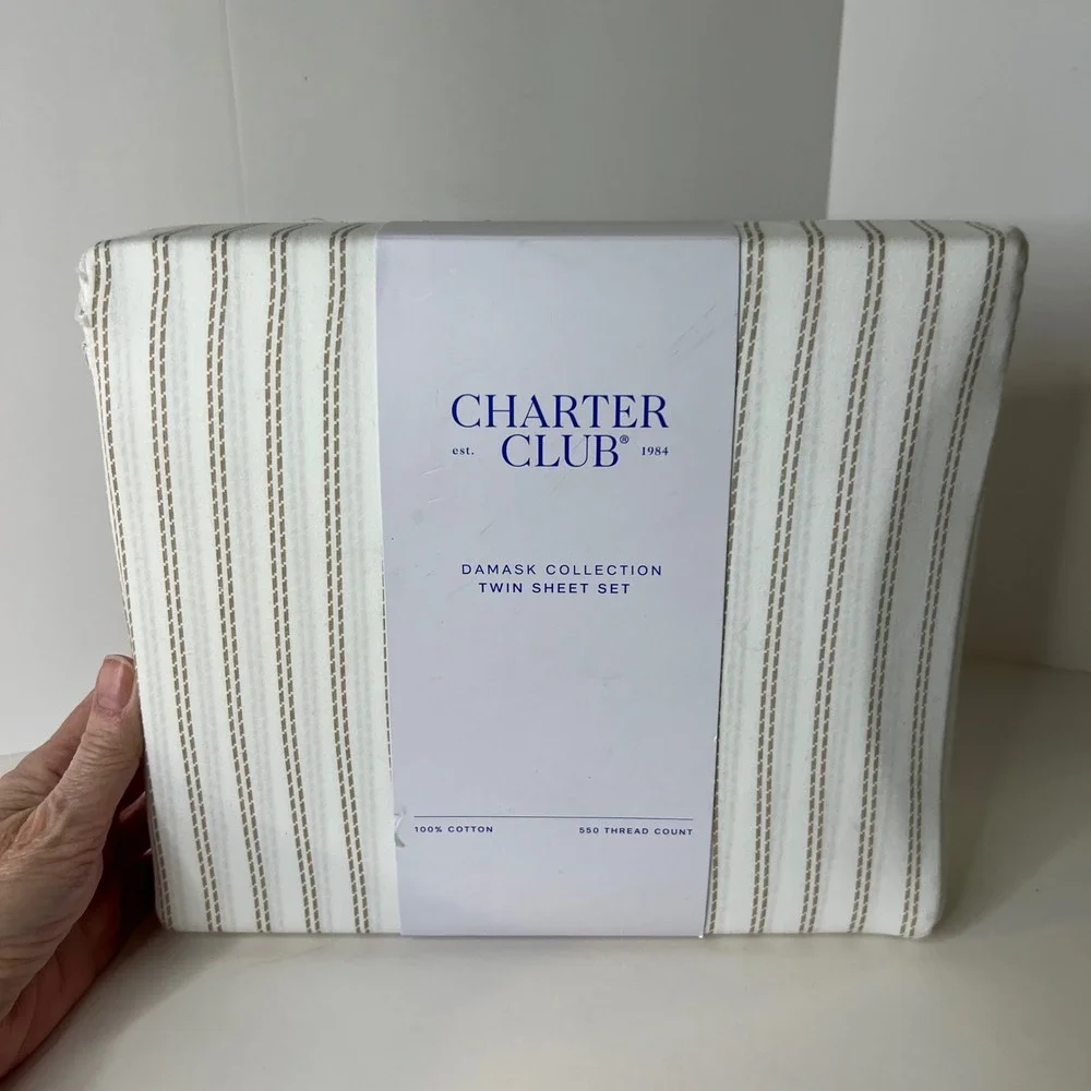 Charter Club Damask Collection Twin Sheet Set Cotton Stripe Ticking‎ NIP